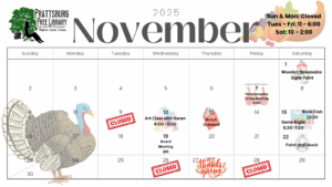 November 2025 program and event calendar for the Prattsburg Free Library.